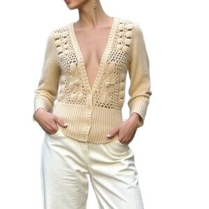 Mango Butter Yellow Angora Crochet Knit Cardigan Size XS
